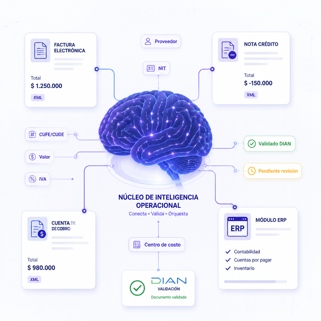Visualización del Agente de Contabilidad validando facturas, notas crédito y cuentas de cobro contra la DIAN
